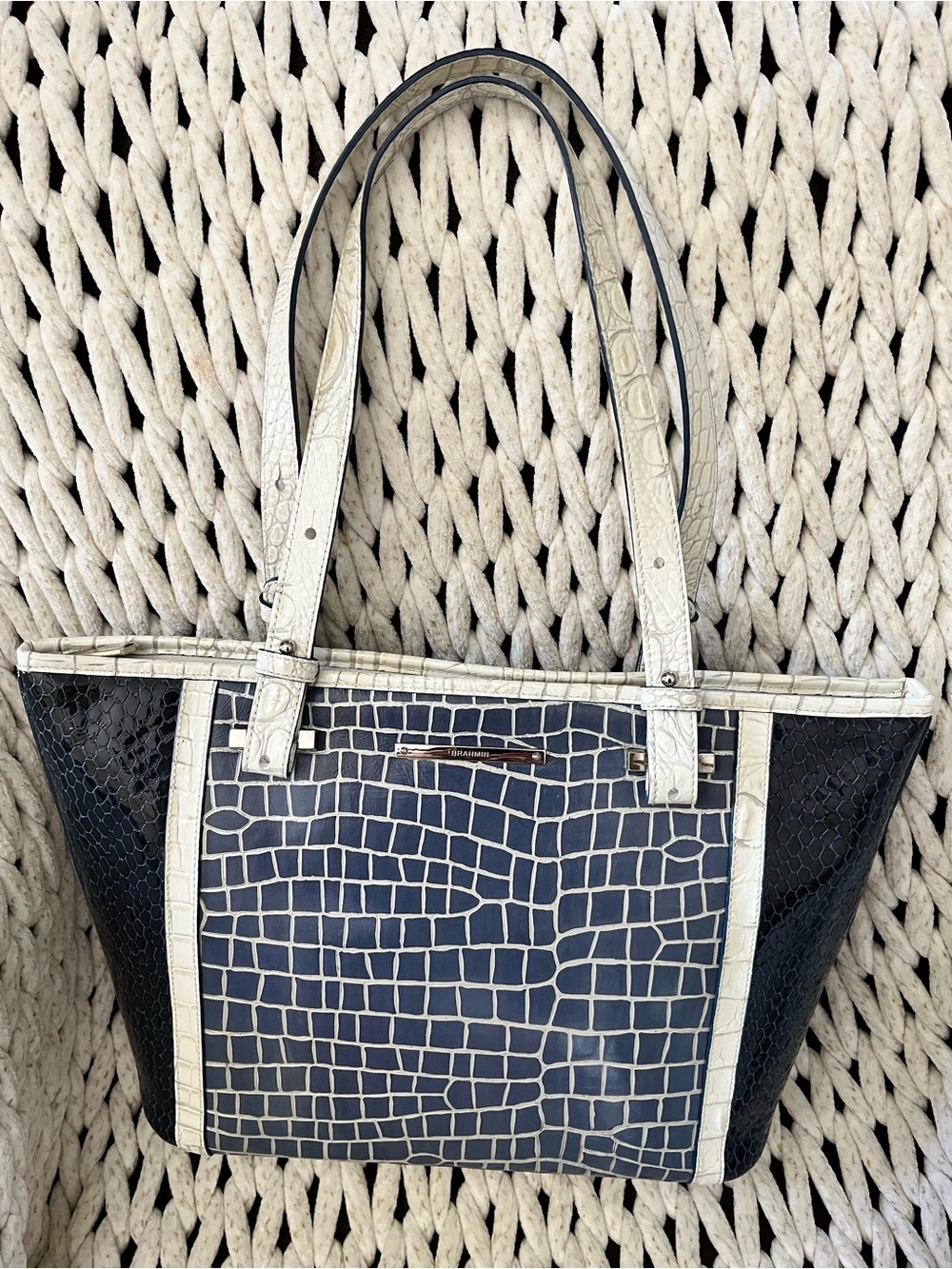 Brahmin Navy and Cream Croc-Embossed Tote
